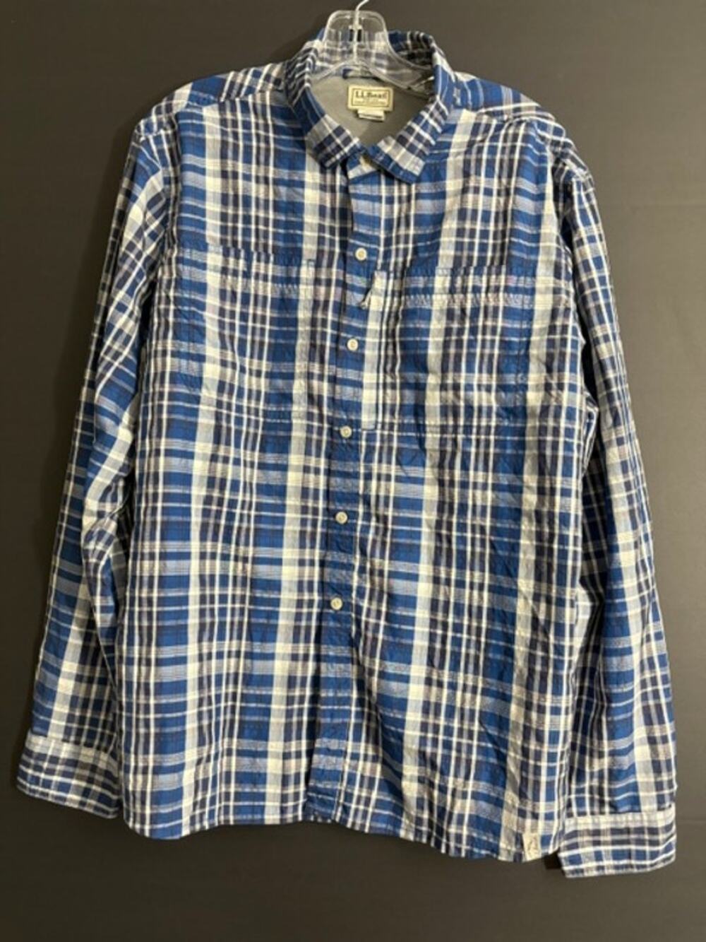 L.L.Bean Mens L Blue Plaid Performance Hiking Fishing Shirt Long Sleeve Outdoor